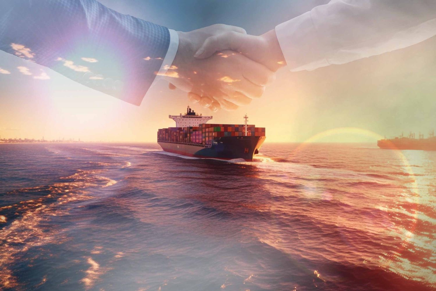 A handshake superimposed over a container ship sailing at sunset, symbolising partnership