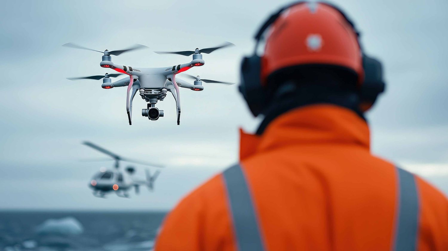 A delivery drone flying near an offshore worker in high-visibility gear over the sea