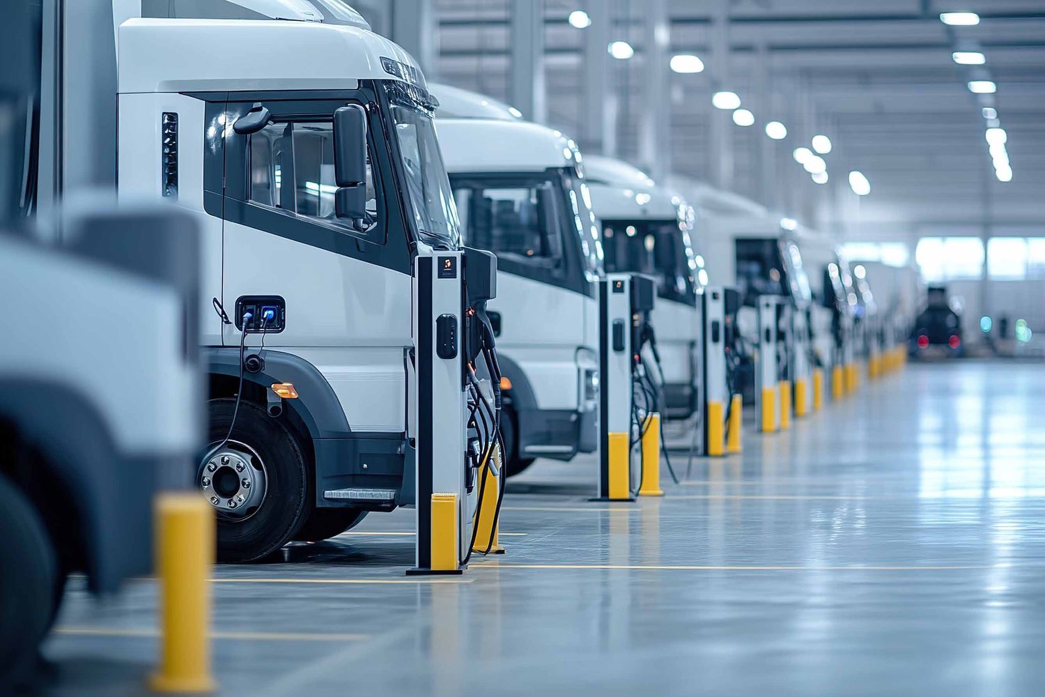 A fleet of electric trucks charging in a clean, modern logistics depot